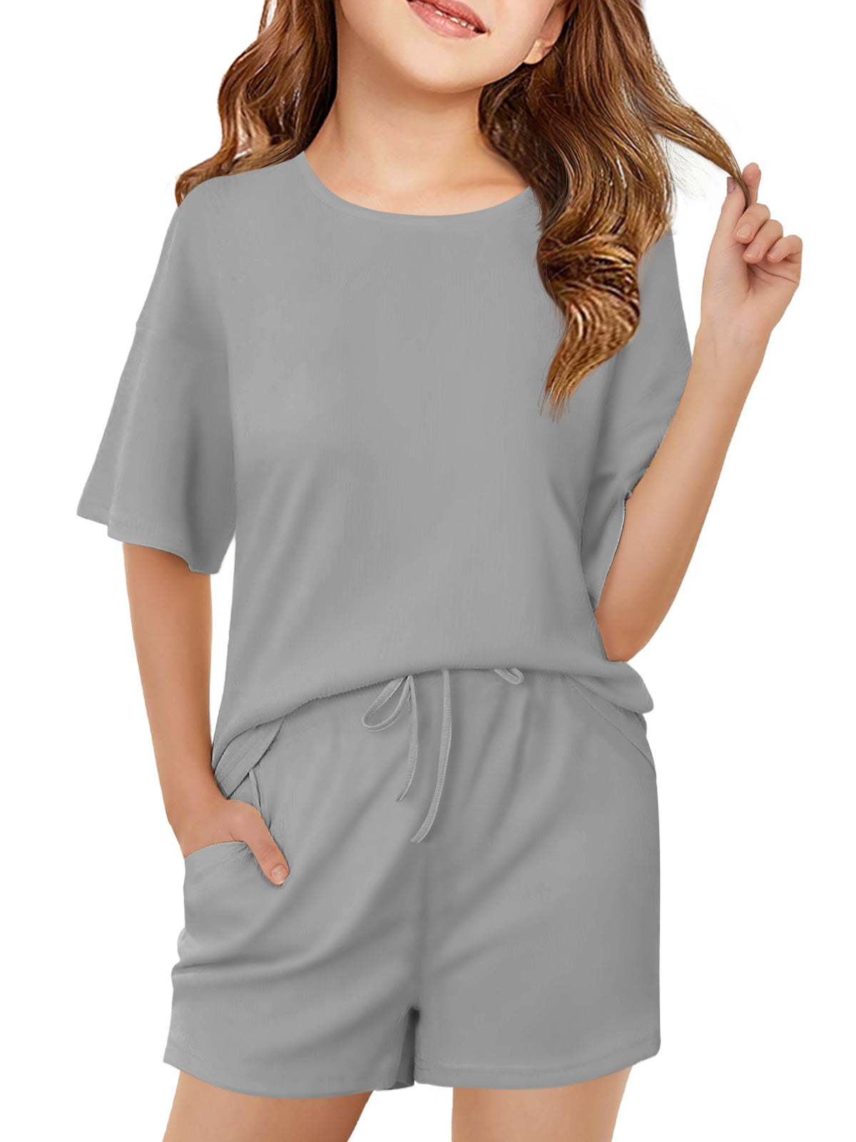 Halomorning Girls Grey Oversized Shorts Set