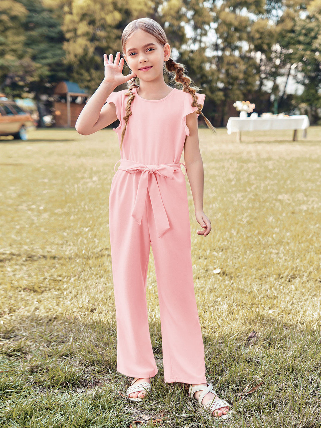 Halomorning Girls Pink Jumpsuit Kids Wide Leg Romper