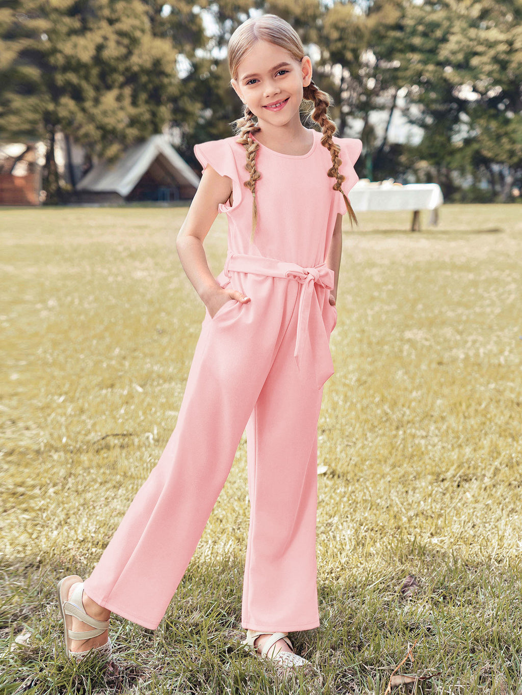 Halomorning Girls Pink Jumpsuit Kids Wide Leg Romper