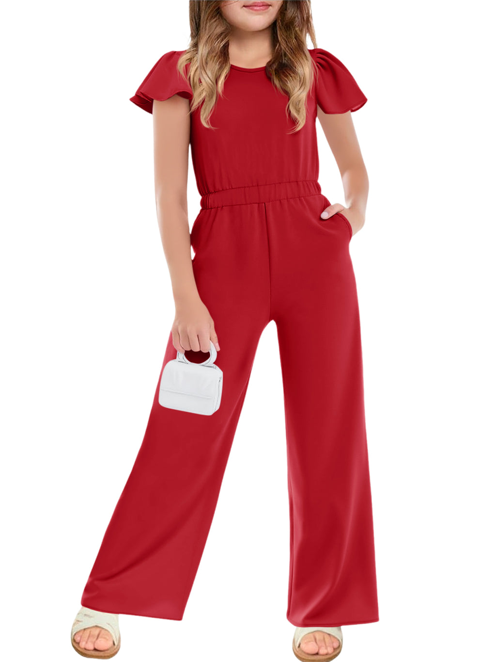 Halomorning Girls Red Ruffle Wide Leg Jumpsuit