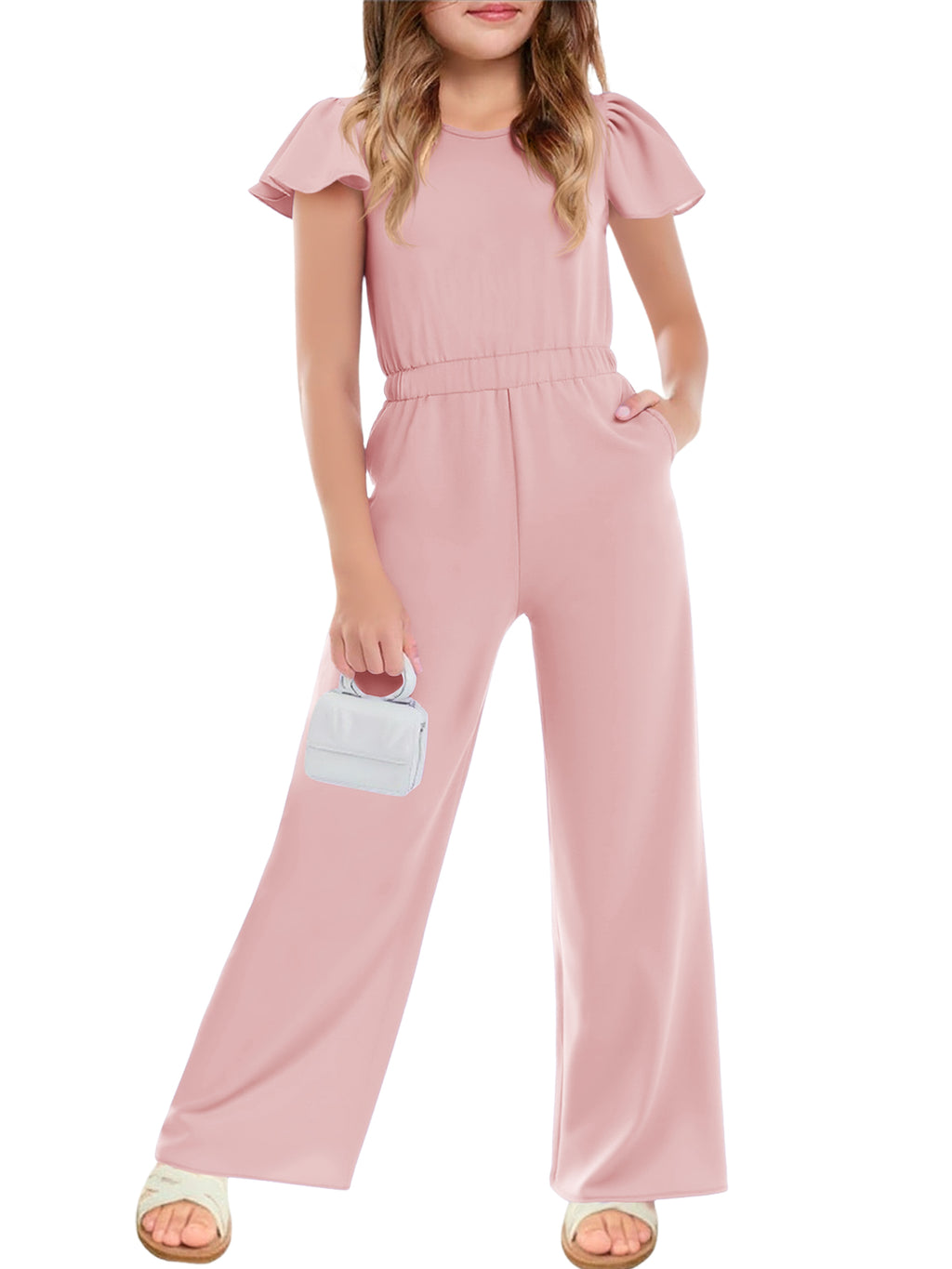 Halomorning Girls Pink Ruffle Wide Leg Jumpsuit