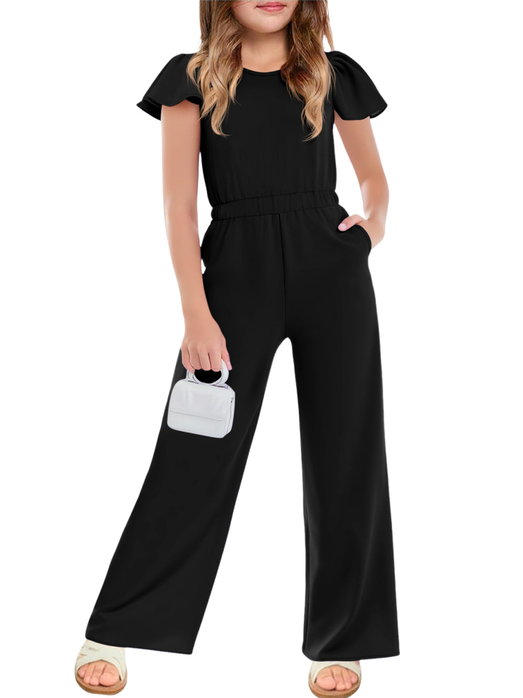 Halomorning Girls Black Ruffle Wide Leg Jumpsuit