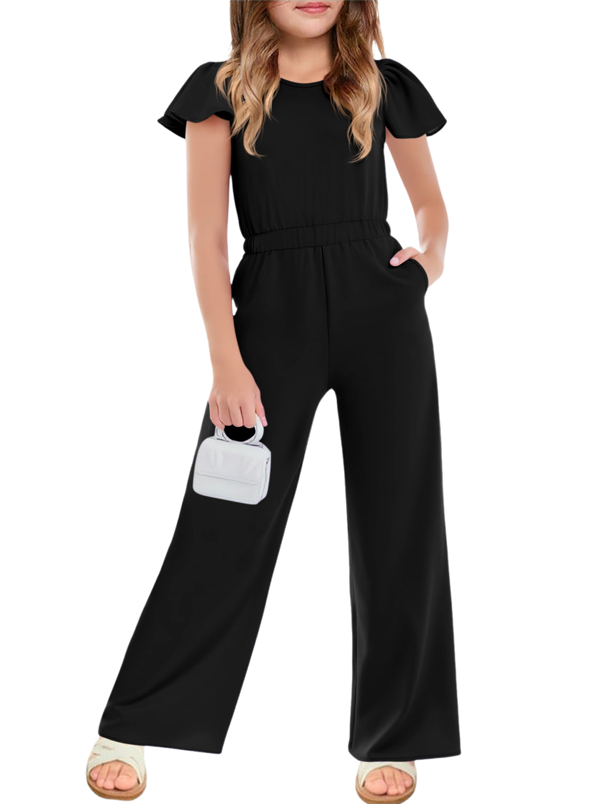 Halomorning Girls Black Ruffle Wide Leg Jumpsuit