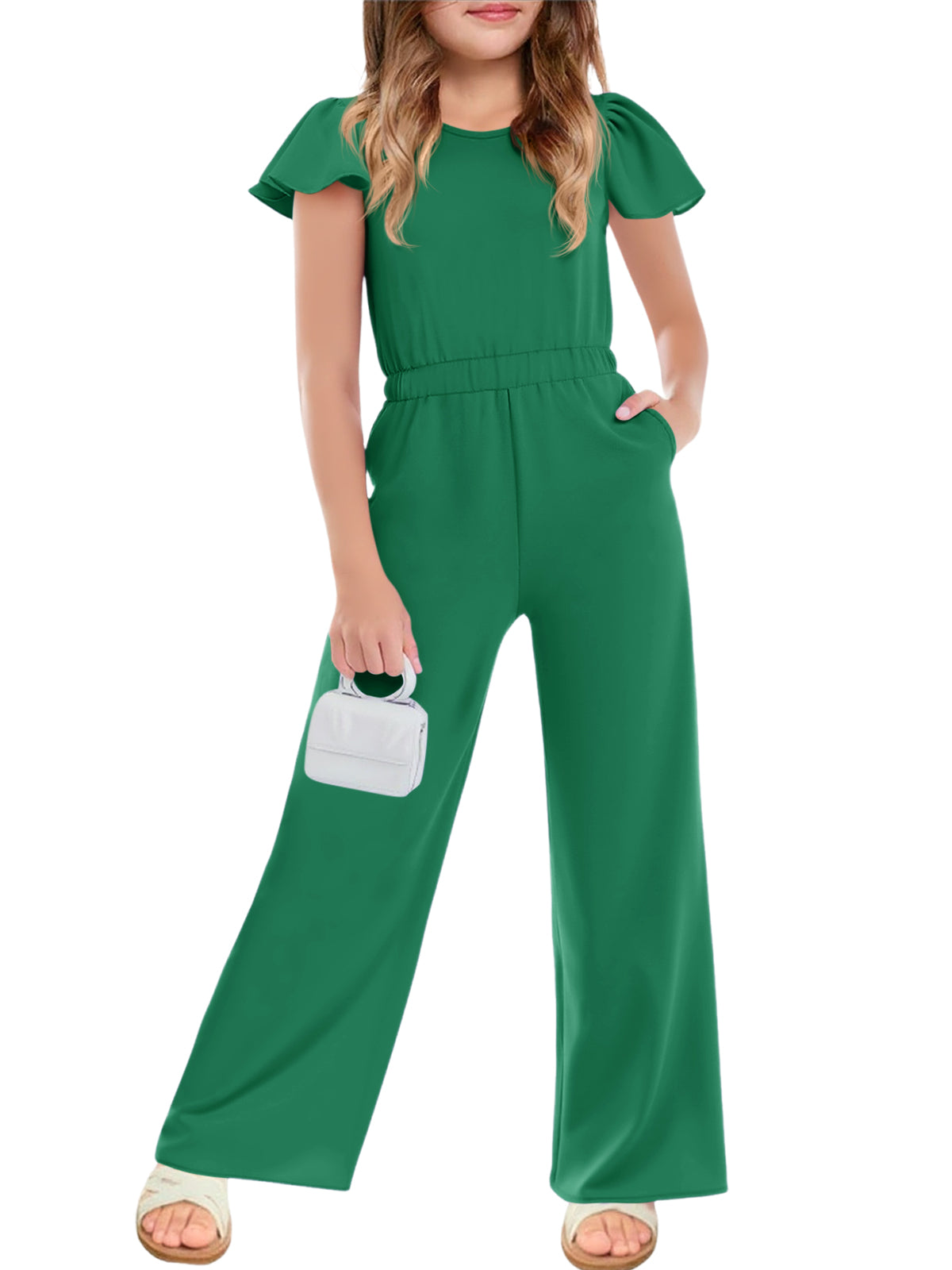 Halomorning Girls Dark Green Ruffle Wide Leg Jumpsuit